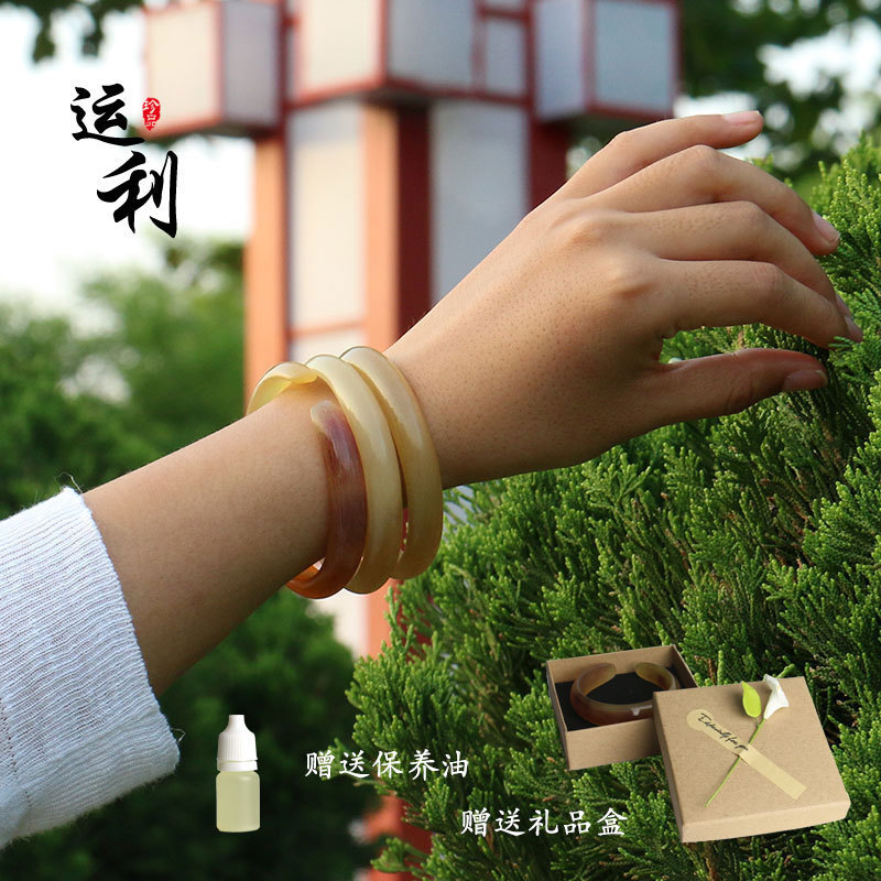 天然牛羊角手工民族风复古文艺通透女款士开口羊角贵妃细手镯子