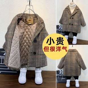 2025新款儿童双面呢大衣女童夹棉毛呢宽松外套中长款男童格子风衣