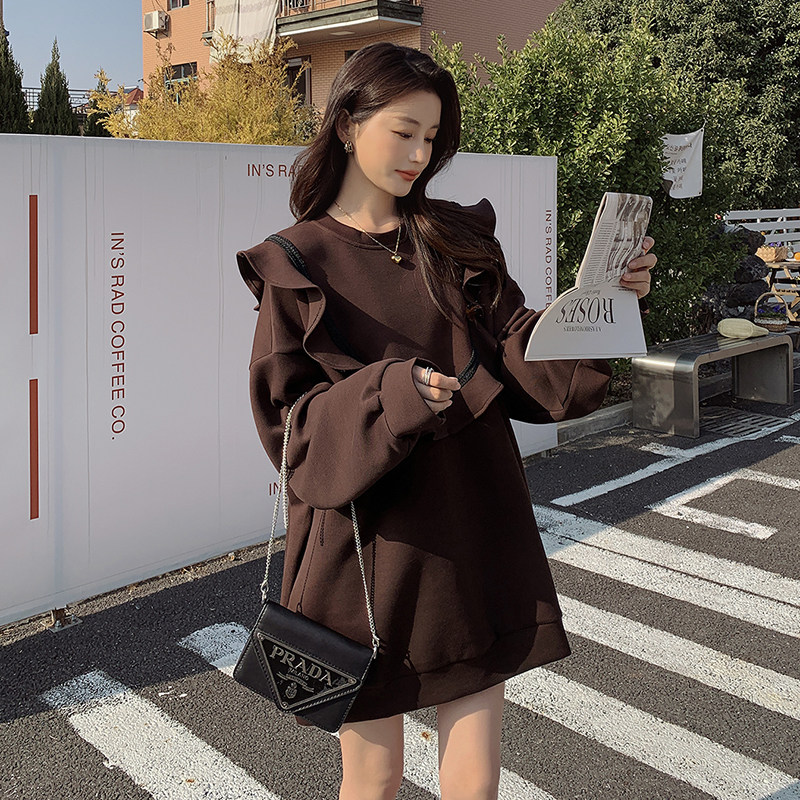 韩版甜美减龄木耳边圆领卫衣女2025春秋季新款宽松显瘦学院风上衣,女装连衣裙,艾艾淮淮