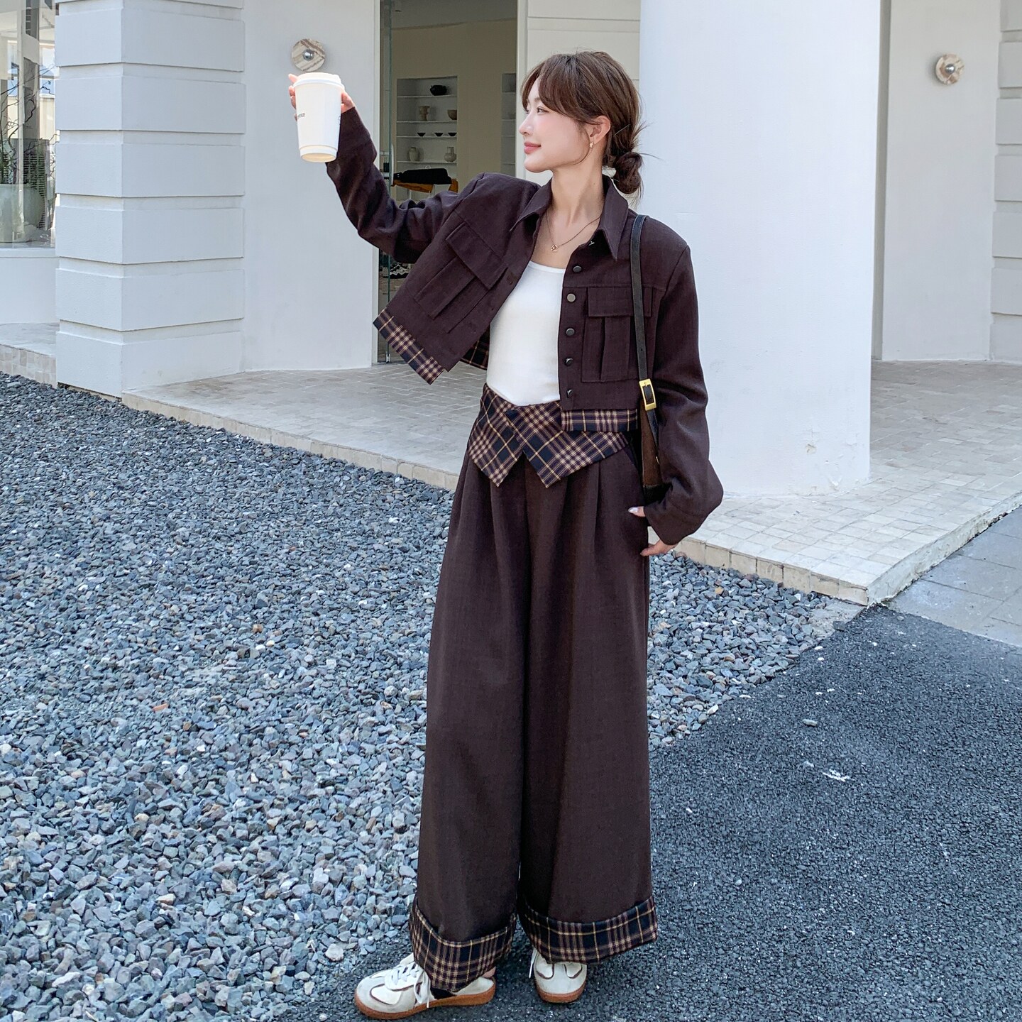 咖色格纹拼接时尚套装女2025秋季新款设计感休闲外套阔腿裤两件套,女装套装/套裙,艾艾淮淮