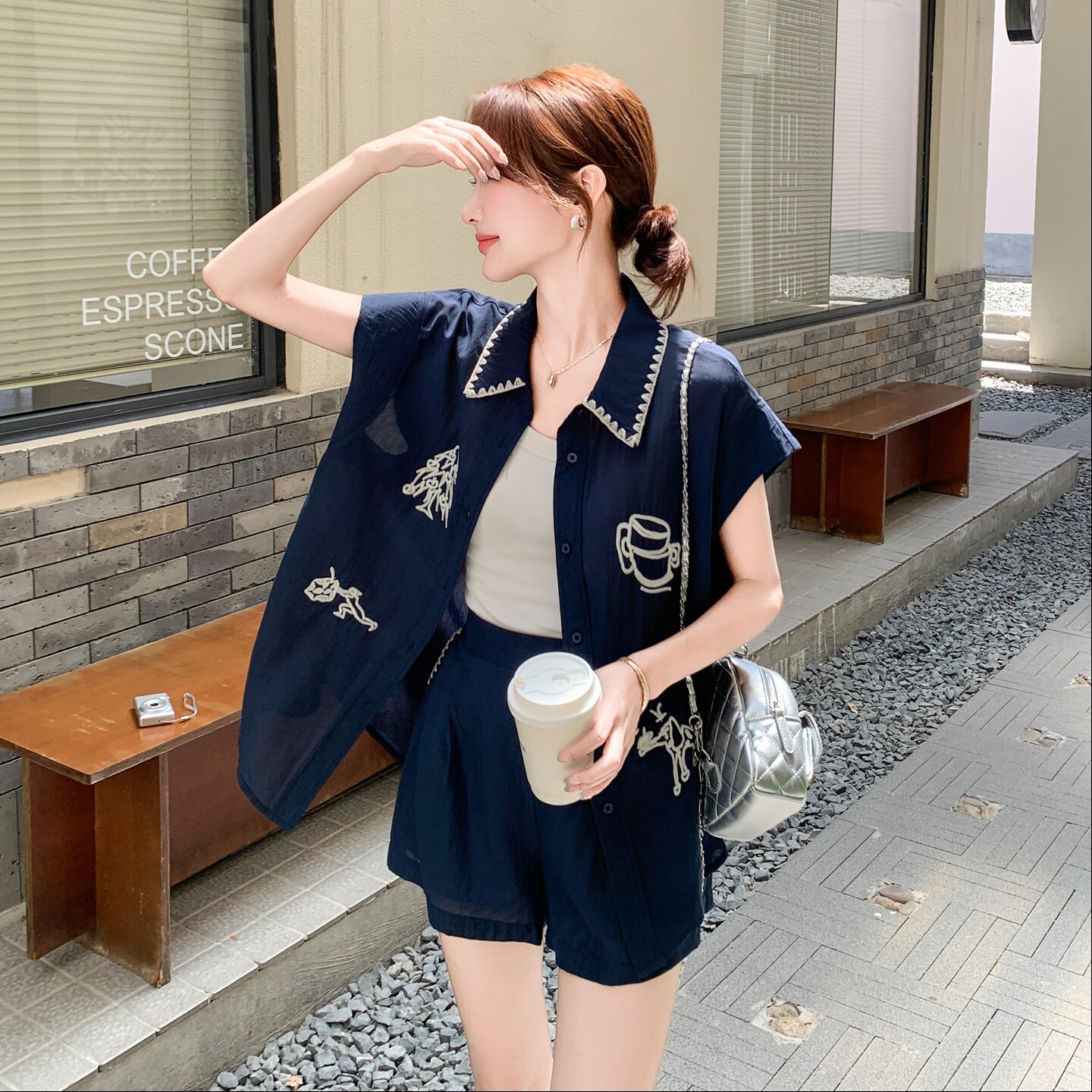 【新款】现货刺绣休闲宽松上衣+短裤套装297-1559-P145-K208,女装套装/套裙,艾艾淮淮