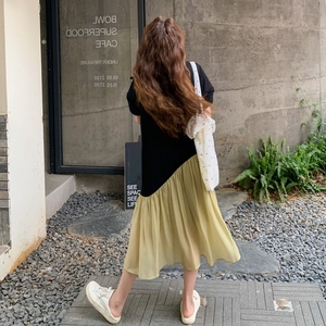 假两件泡泡袖连衣裙女2025夏装新款韩版撞色设计感时尚A字裙子潮图片