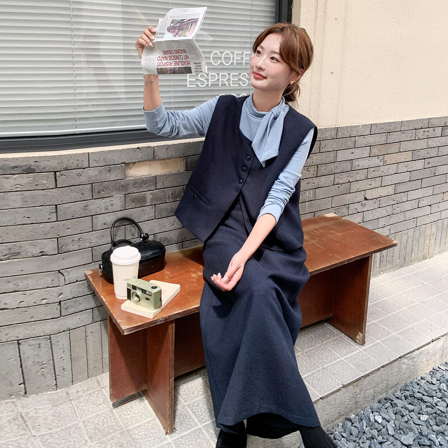 藏青色设计感方领马甲半身裙套装2025秋季蝴蝶结打底衫淡人三件套,女装套装/套裙,艾艾淮淮