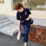 藏青色大方得体穿搭休闲套装女2025夏季爆款短袖T恤半身裙两件套，商品下架区，艾艾淮淮