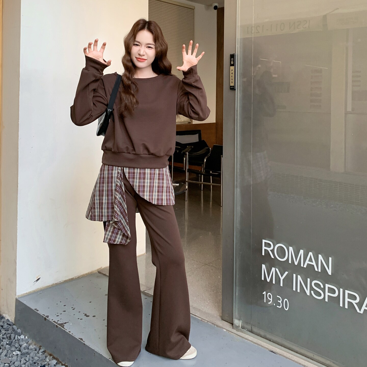 现货格子拼接上衣+裤子套装297-1733-P165-K238，女装套装/套裙，艾艾淮淮