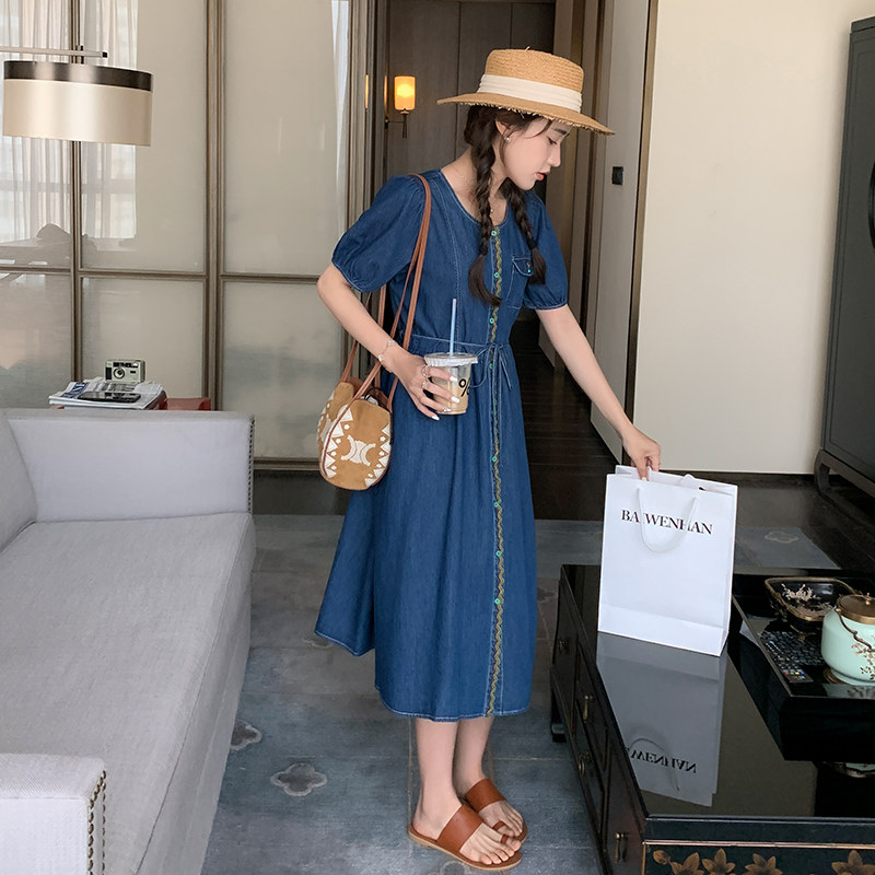 蓝色牛仔连衣裙女夏季2025新款收腰复古显瘦轻熟小个子减龄中长裙,女装连衣裙,艾艾淮淮