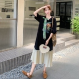 撞色拼接印花连衣裙女2025年夏季新款韩系慵懒风宽松休闲T恤长裙，女装连衣裙，艾艾淮淮