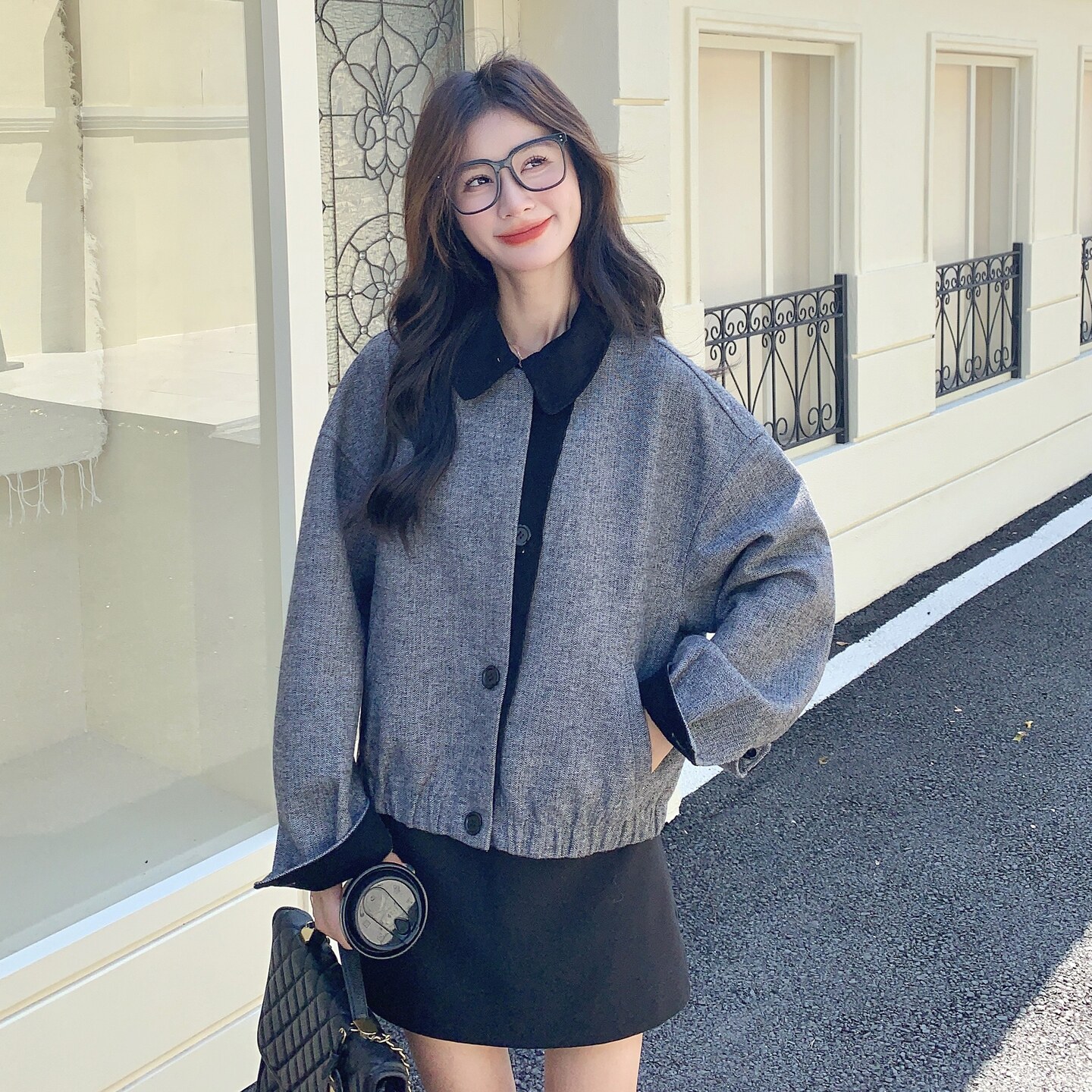 美式复古灰色毛呢棒球服外套女秋冬超火好看高级小众加厚呢子大衣,女装套装/套裙,艾艾淮淮