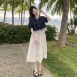 度假风白色连衣裙套装女2025夏新款蕾丝拼接牛仔外套吊带裙两件套，女装套装/套裙，艾艾淮淮