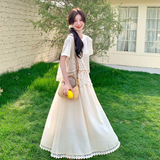 温柔穿搭甜美镂空吊带上衣套装女夏新款假两件拼接连衣裙两件套，女装连衣裙，艾艾淮淮