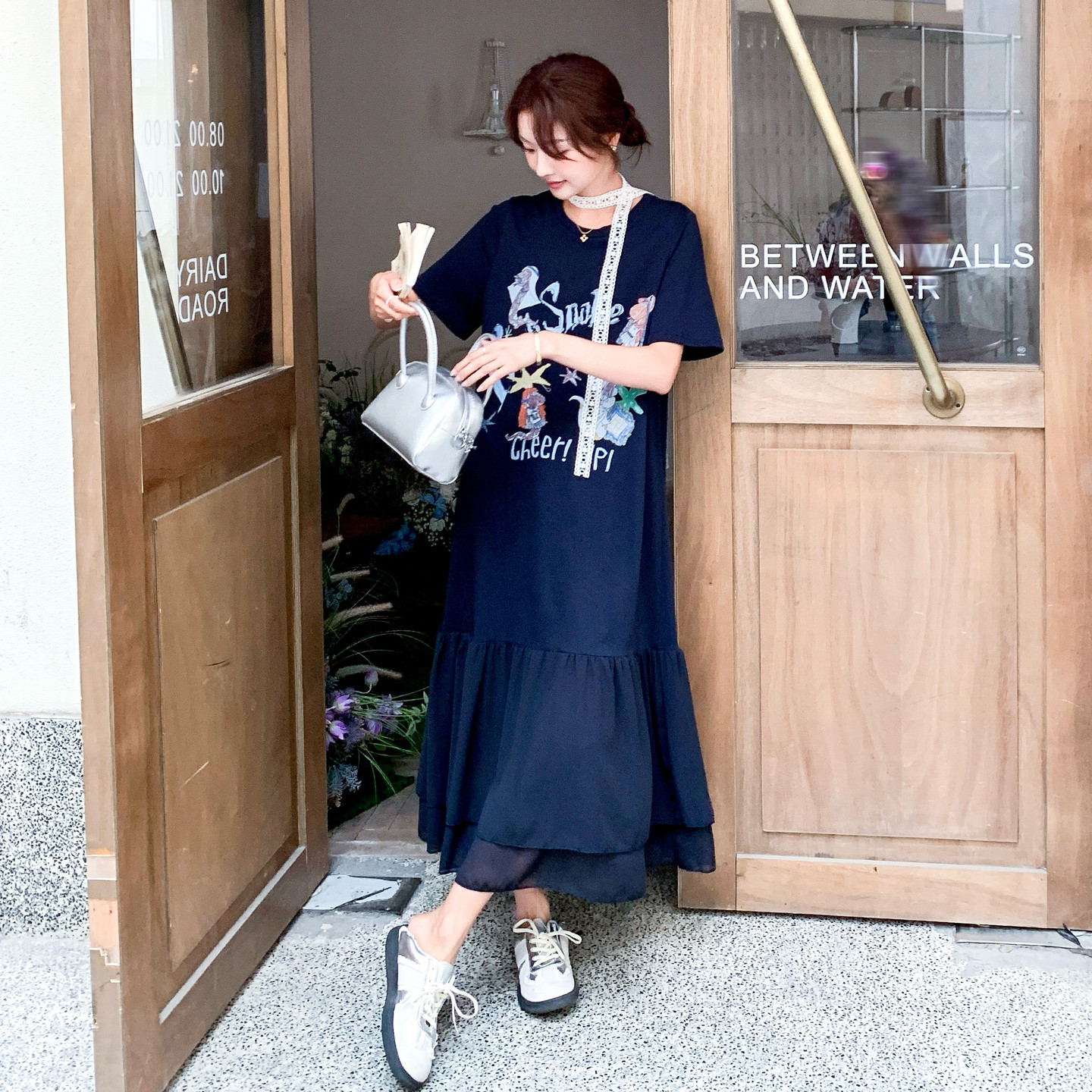藏青色印花T恤连衣裙女夏季新款流行慵懒风宽松显瘦拼接鱼尾长裙,女装连衣裙,艾艾淮淮