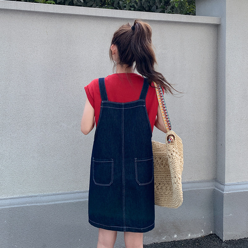 慵懒风牛仔背带裙女2025夏季新款学院风休闲T恤小个子,女装连衣裙,艾艾淮淮