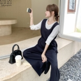 深蓝色复古马甲套装女早秋2025年新款气质高级感休闲阔腿裤三件套，女装套装/套裙，艾艾淮淮