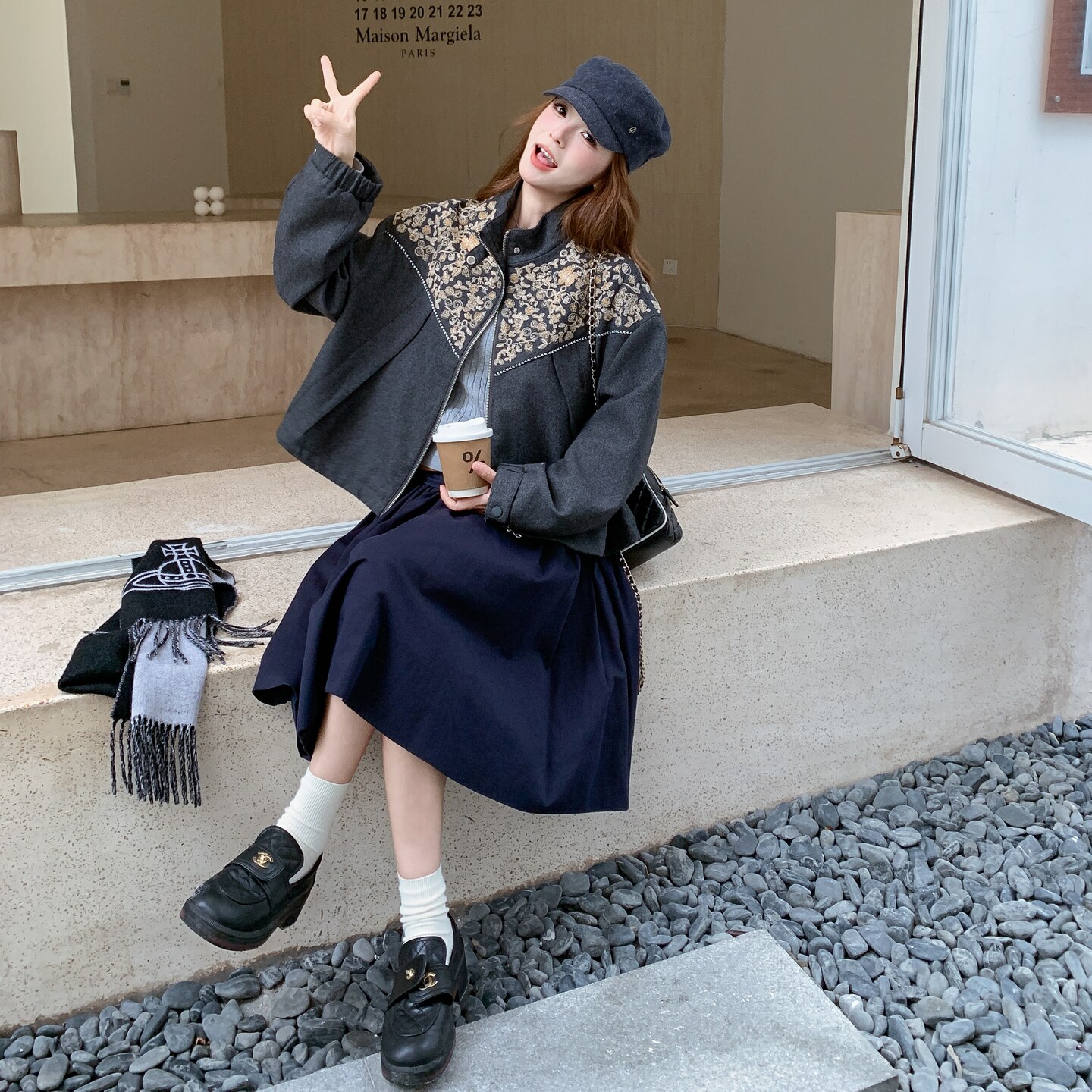 2025冬季新款设计感复古刺绣立领毛呢夹克外套女小个子时尚呢外套,女装套装/套裙,艾艾淮淮