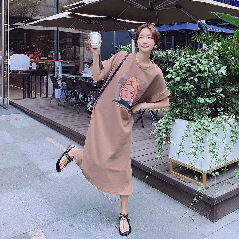 休闲宽松印花T恤连衣裙女2023夏新款韩版洋气减龄显瘦懒人卫衣裙,女装连衣裙,艾艾淮淮