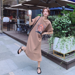 休闲宽松印花T恤连衣裙女2023夏新款韩版洋气减龄显瘦懒人卫衣裙图片