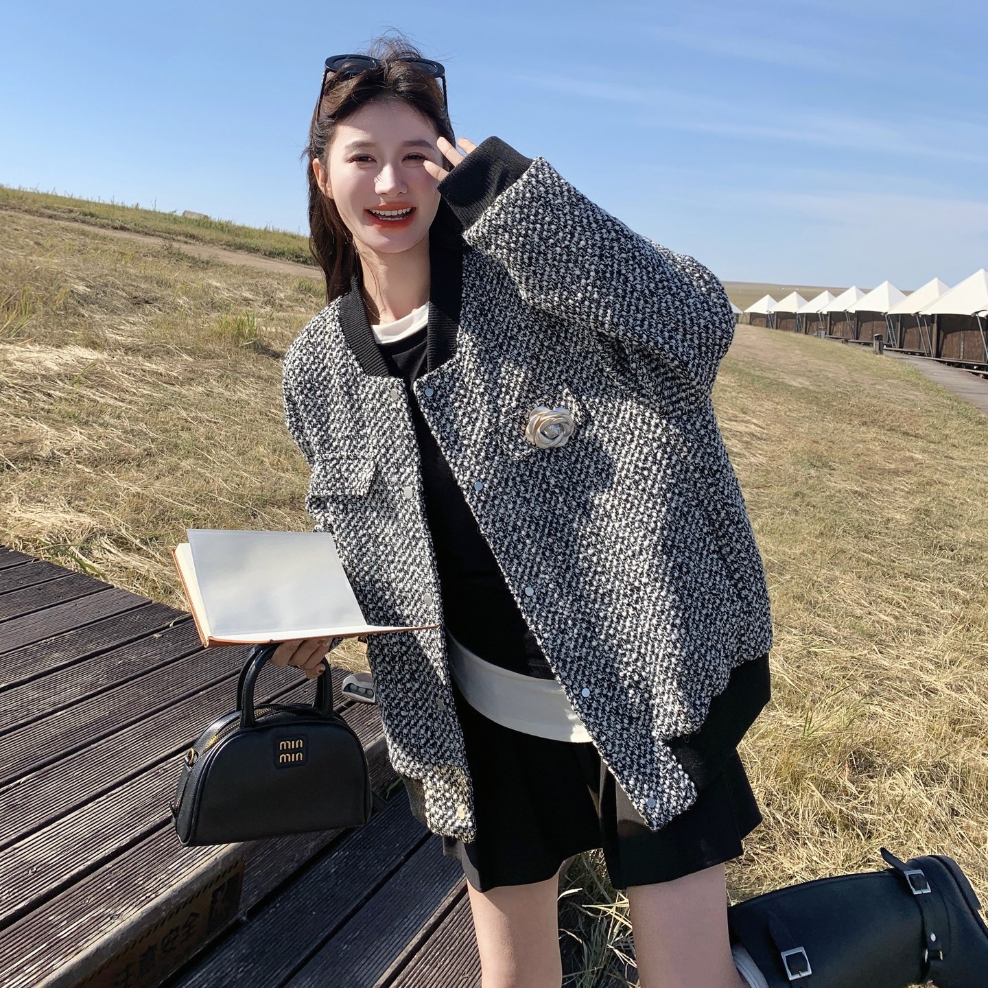 小香风撞色拼接毛呢外套女冬季新款小个子法式复古加厚粗花呢夹克,女装短外套,艾艾淮淮