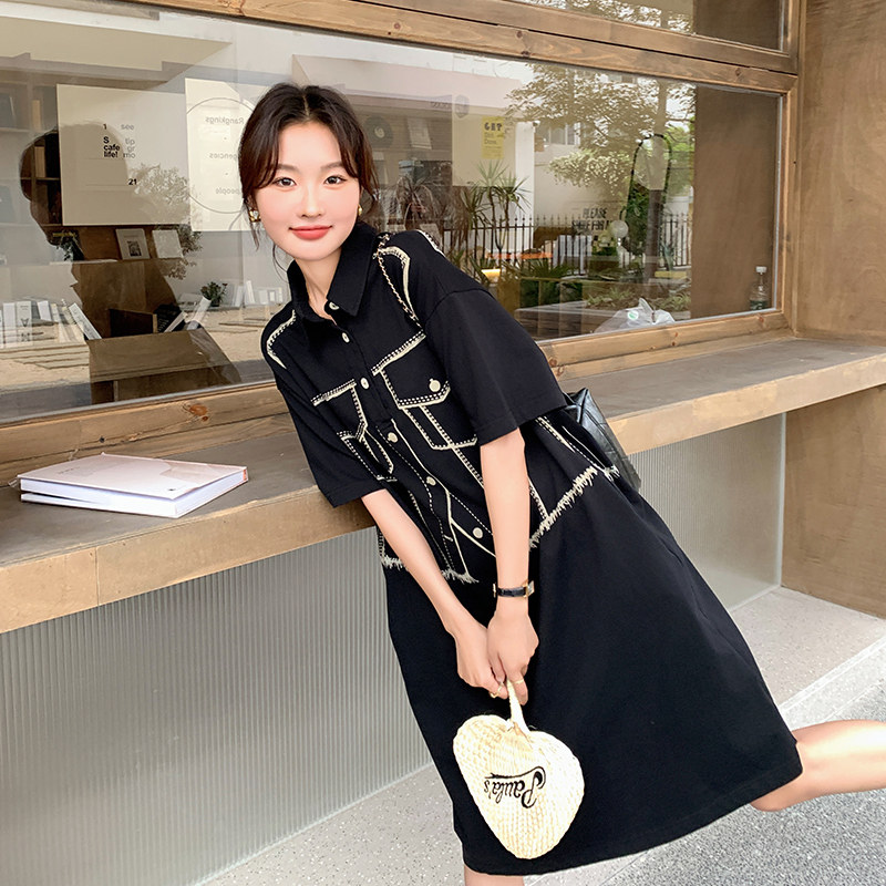 设计感小众撞色polo领连衣裙女2025夏季新款宽松休闲小个子衬衫裙图片