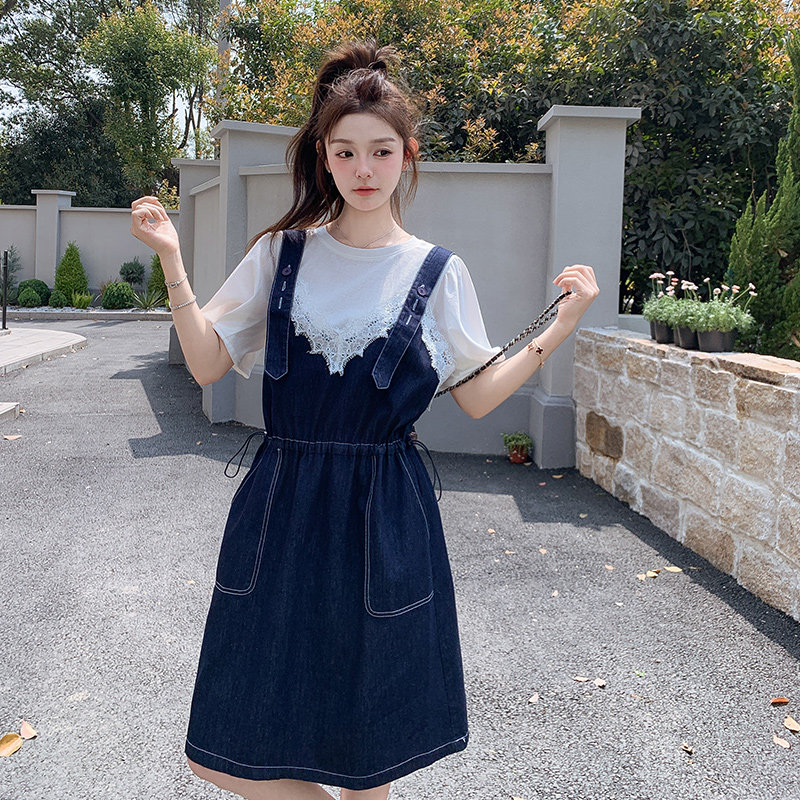 蕾丝拼接牛仔背带裙女2025夏新款设计感洋气收腰小个子,女装连衣裙,艾艾淮淮