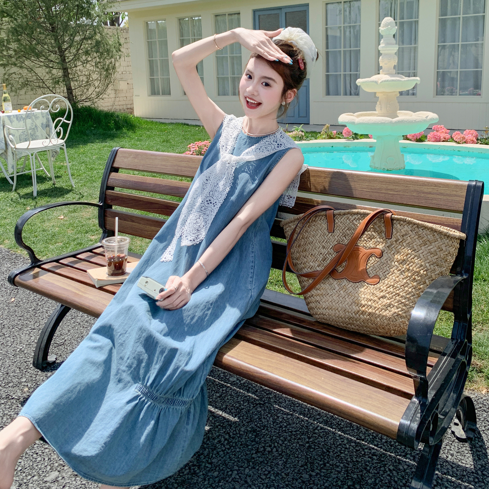 法式蕾丝披肩灰色无袖连衣裙女夏2025新款设计感抽绳宽松显瘦长裙，女装连衣裙，艾艾淮淮