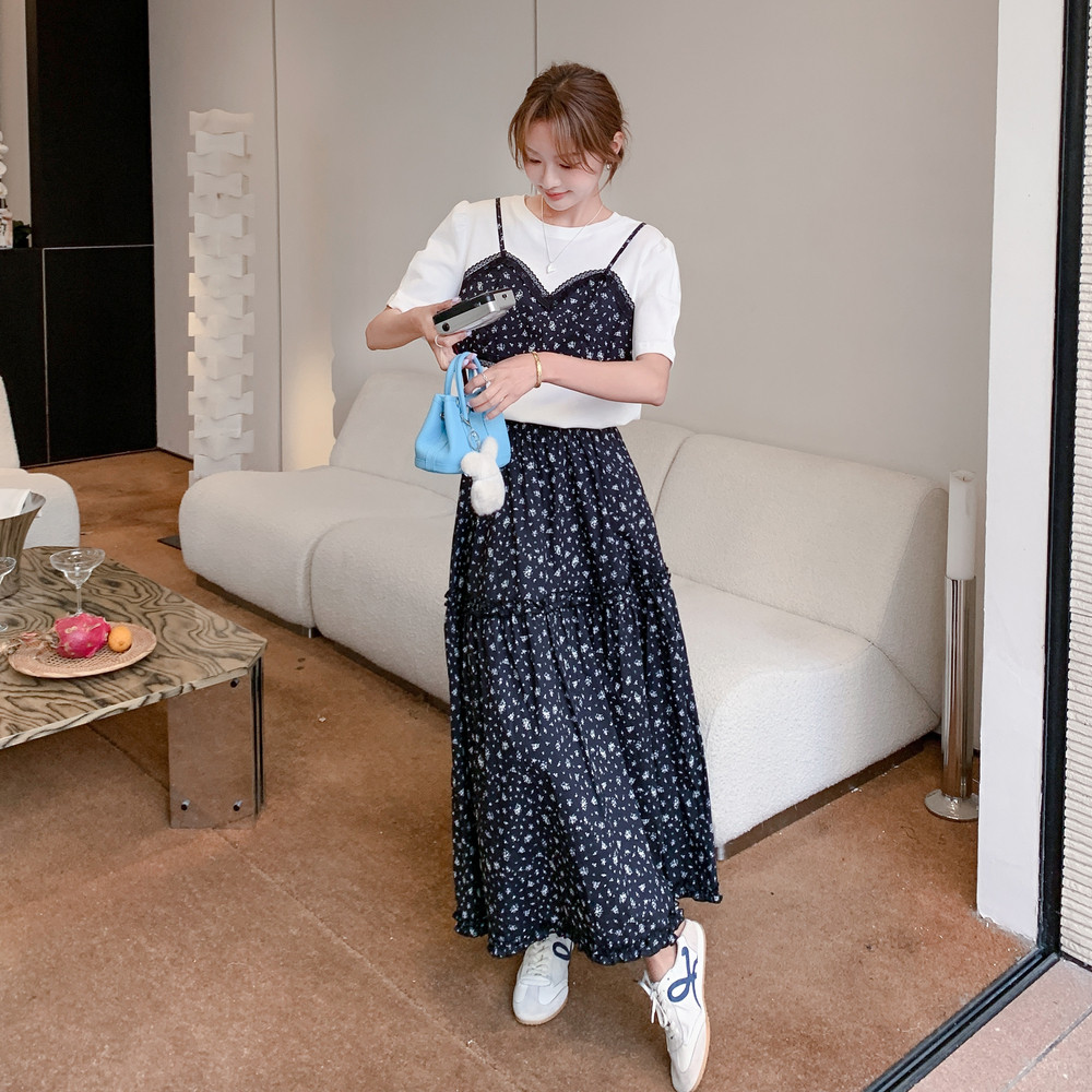 轻熟风设计感夏日ootd穿搭女2025新款假两件上衣碎花半身裙两件套,女装连衣裙,艾艾淮淮