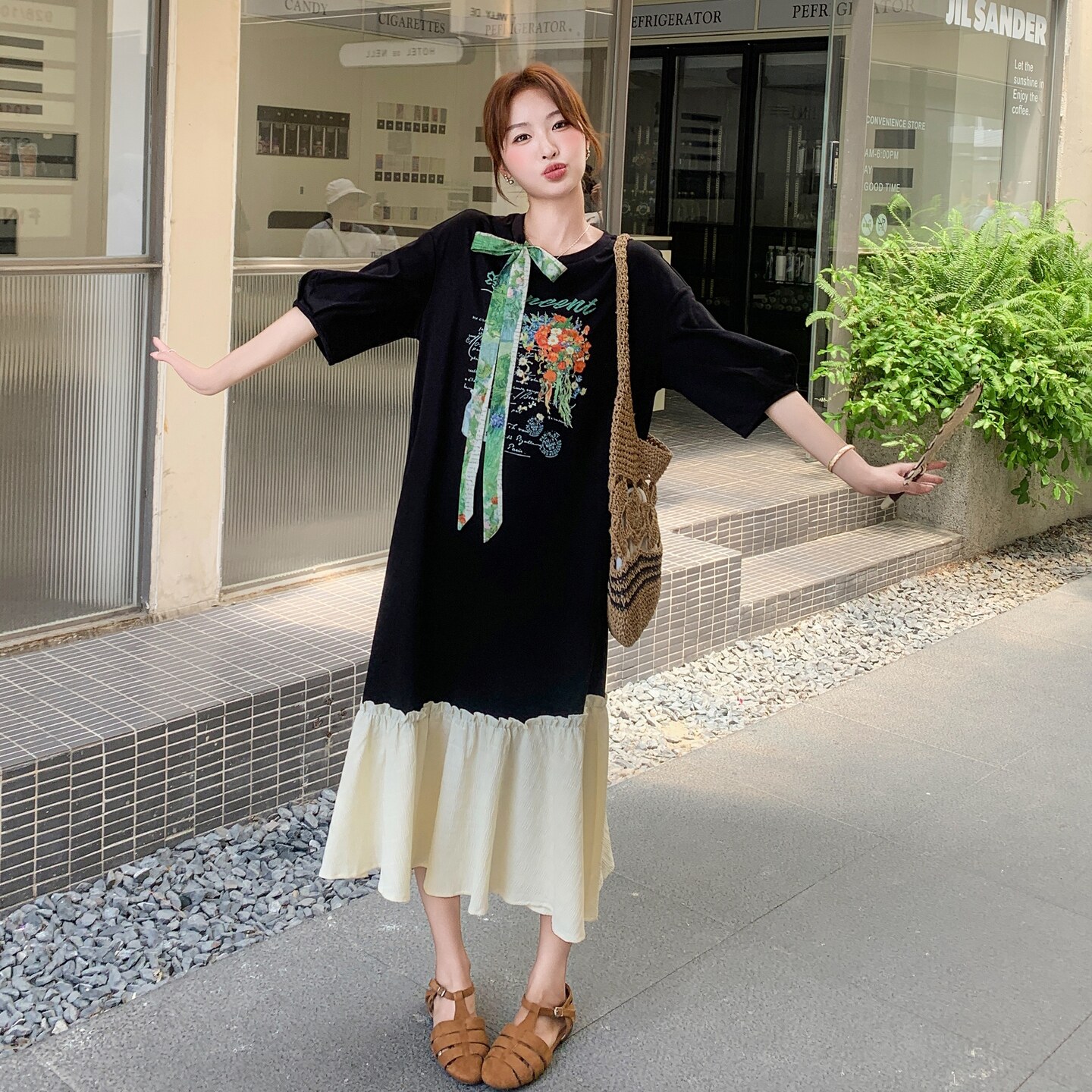 撞色拼接印花连衣裙女2025年夏季新款韩系慵懒风宽松休闲T恤长裙,女装连衣裙,艾艾淮淮