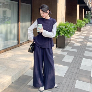 2025秋季新款深蓝色设计感拼接上衣淡人套装女宽松阔腿长裤两件套图片