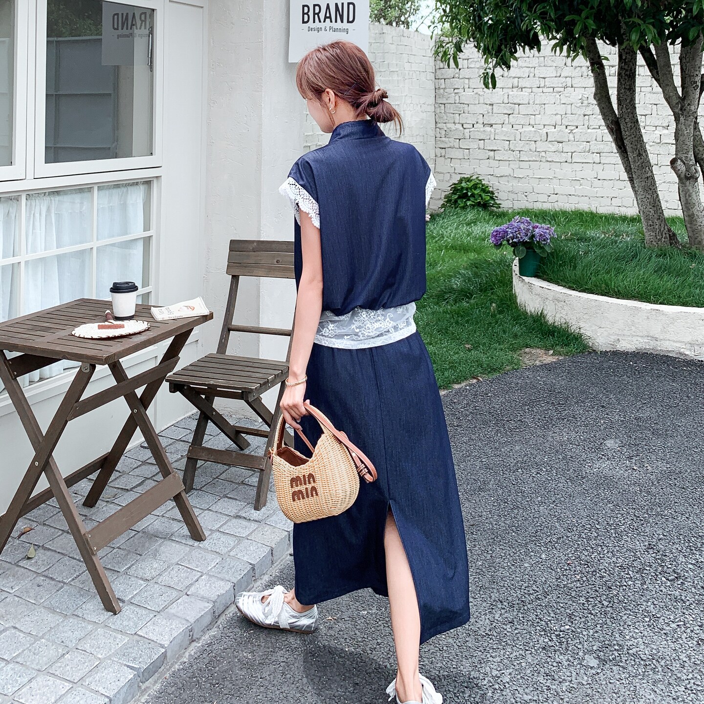 深蓝色复古牛仔套装裙女夏新款显瘦休闲蕾丝拼接上衣半身裙两件套,女装套装/套裙,艾艾淮淮