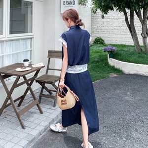深蓝色复古牛仔套装裙女夏新款显瘦休闲蕾丝拼接上衣半身裙两件套