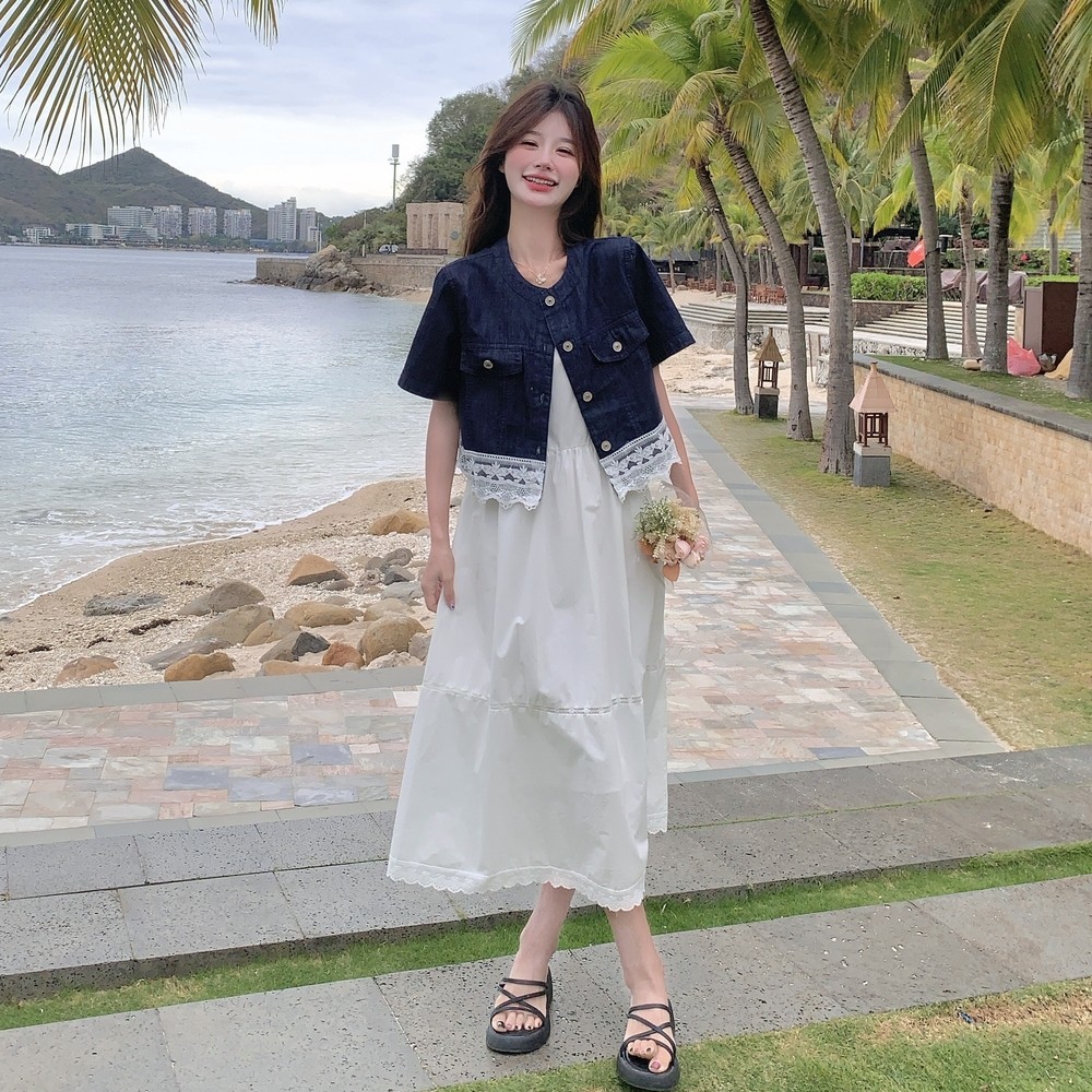 度假风白色连衣裙套装女2025夏新款蕾丝拼接牛仔外套吊带裙两件套,女装套装/套裙,艾艾淮淮