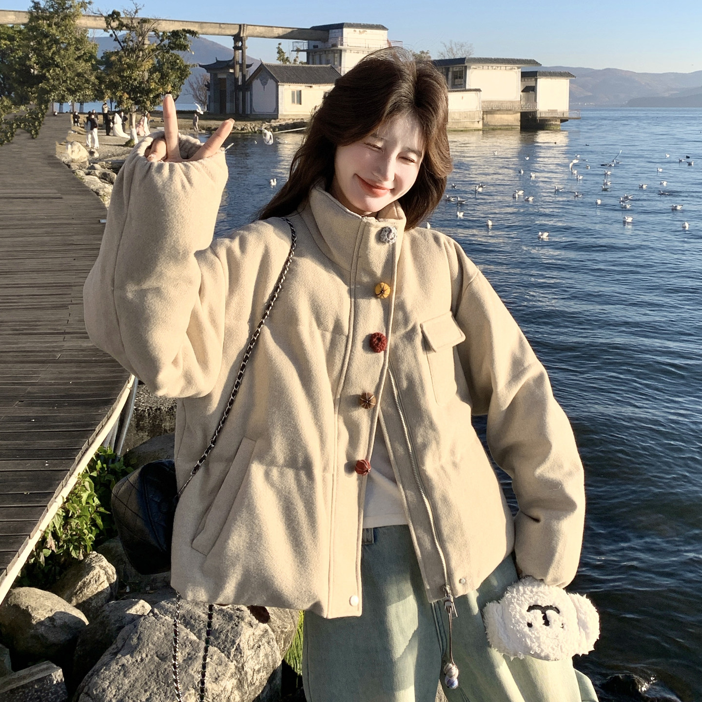 【新款】90绒现货立领彩虹扣羽绒服外套297-1974-P295-K438，女装短外套，艾艾淮淮
