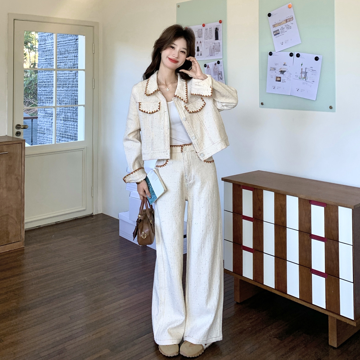 【新款】现货刺绣外套+阔腿裤套装297-1983-P215-K348，女装短外套，艾艾淮淮