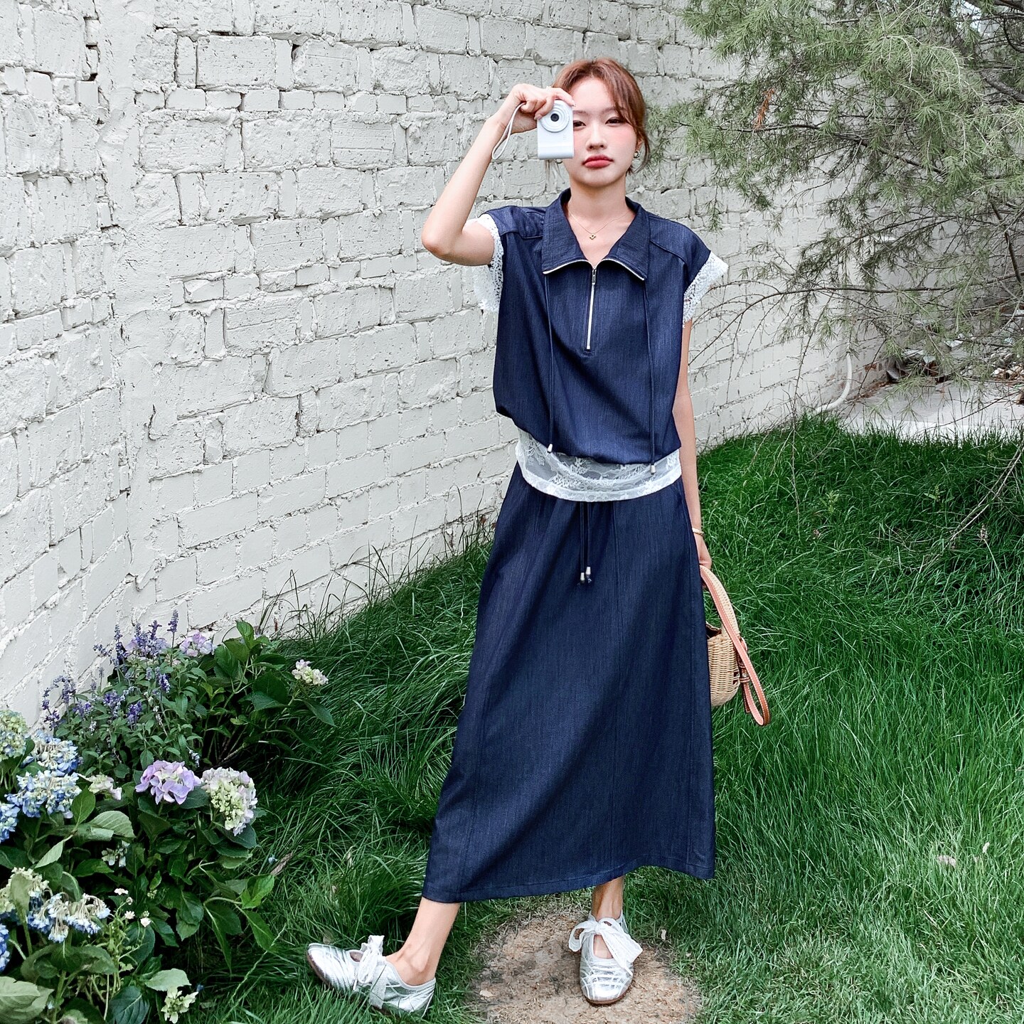 深蓝色复古牛仔套装裙女夏新款显瘦休闲蕾丝拼接上衣半身裙两件套,女装套装/套裙,艾艾淮淮