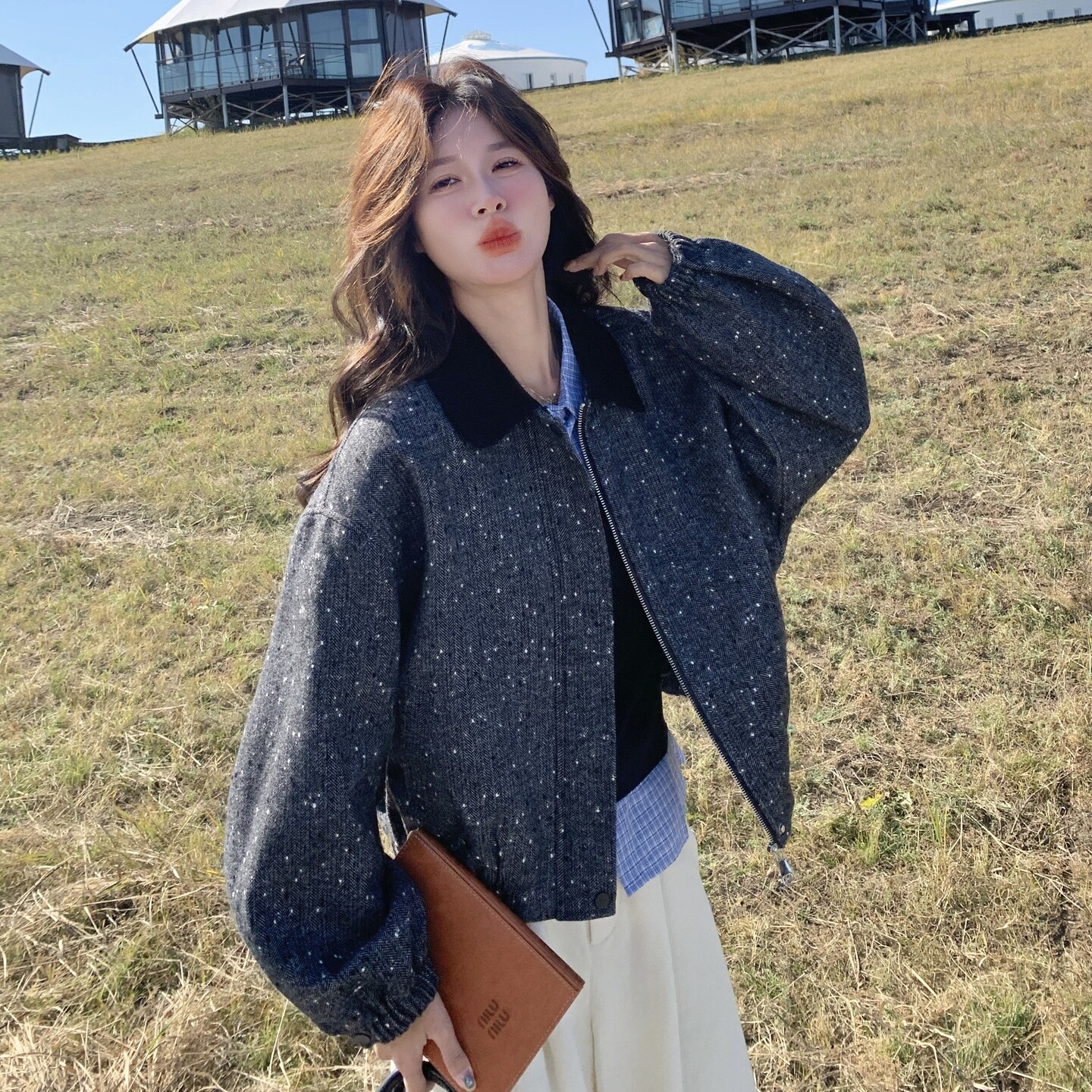 休闲翻领波点灰色毛呢外套女秋冬2025新款小个子流行爆款百搭大衣,女装短外套,艾艾淮淮