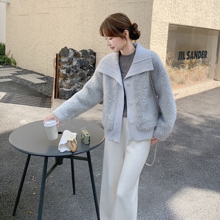 蓝色 针织 拼接羊羔毛外套297 P185 现货 1833 K268 首发新款