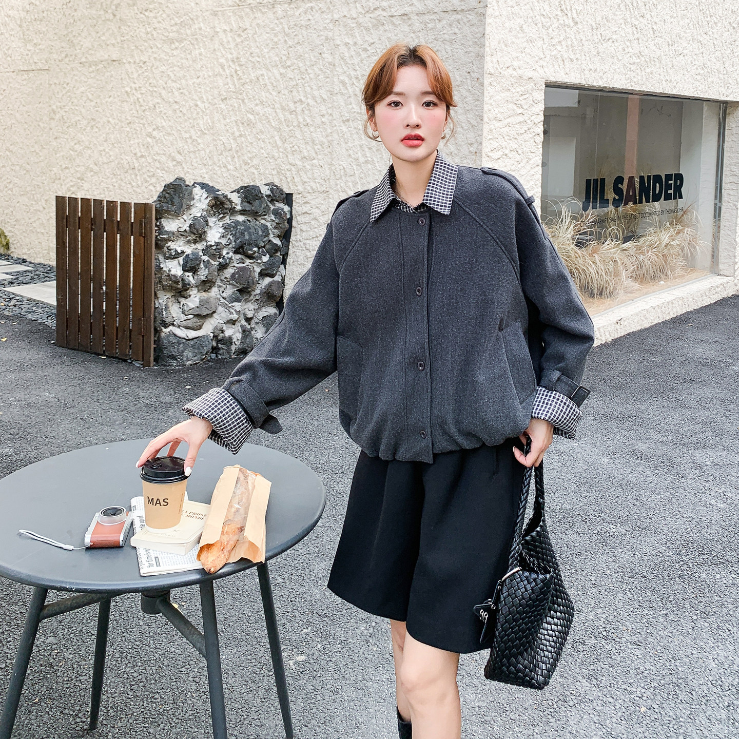 通勤风灰色毛呢外套女秋冬超火好看高级小众漂亮短款加厚夹克上衣,女装套装/套裙,艾艾淮淮