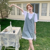 盐甜系穿搭蓝色印花木耳边牛仔背带连衣裙套装女夏新款短袖两件套，女装连衣裙，艾艾淮淮