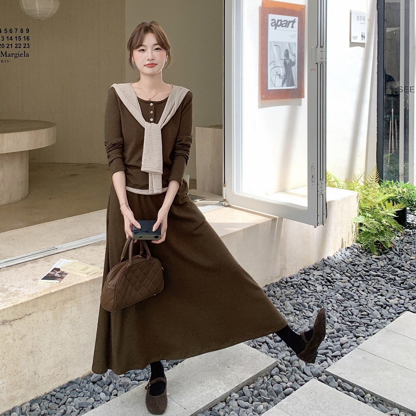 咖色温柔系穿搭针织上衣套装女春秋2025新款休闲显瘦半身裙两件套,女装套装/套裙,艾艾淮淮