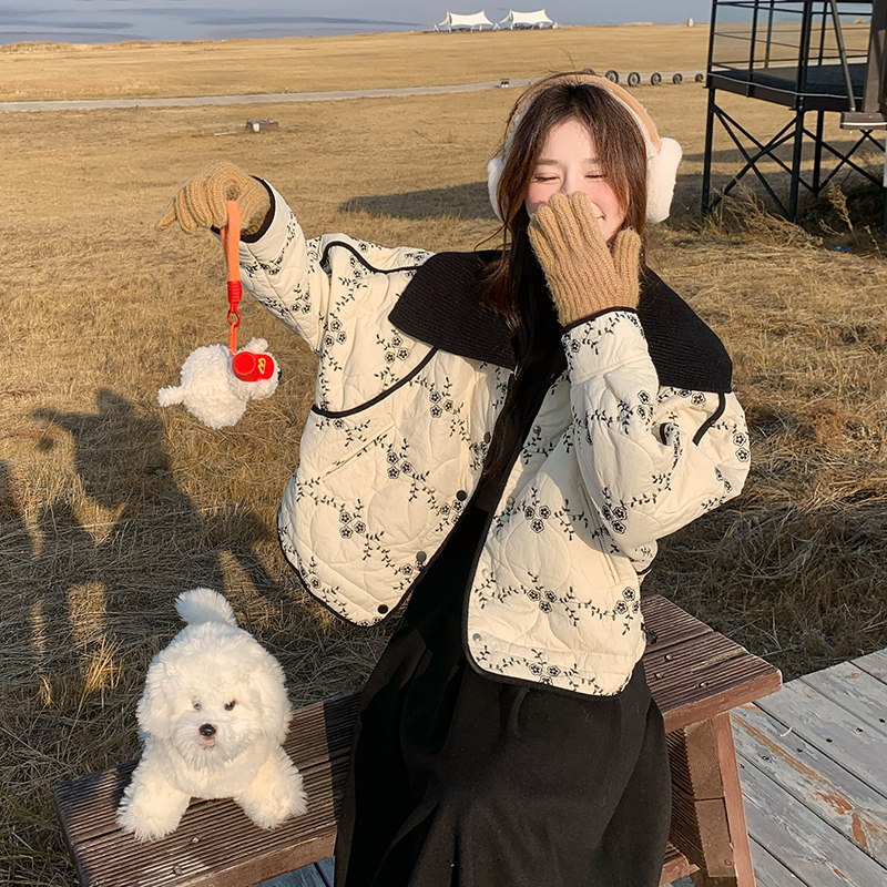 巨好看海军领刺绣碎花棉衣棉服女冬季独特漂亮看轻熟韩系加厚外套,女装短外套,艾艾淮淮