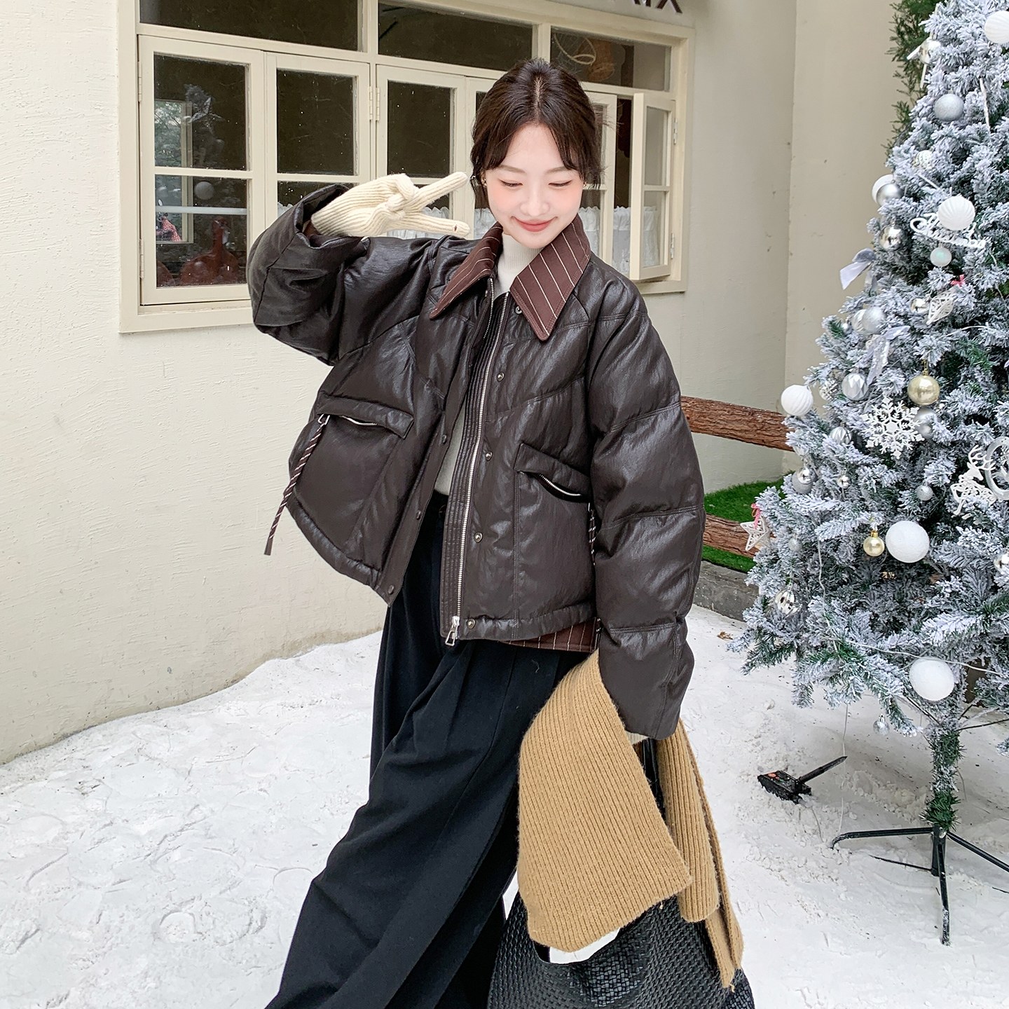 【新款】90绒现货条纹拼接皮羽绒服外套297-1932-P295-K438，女装棉衣/棉服，艾艾淮淮