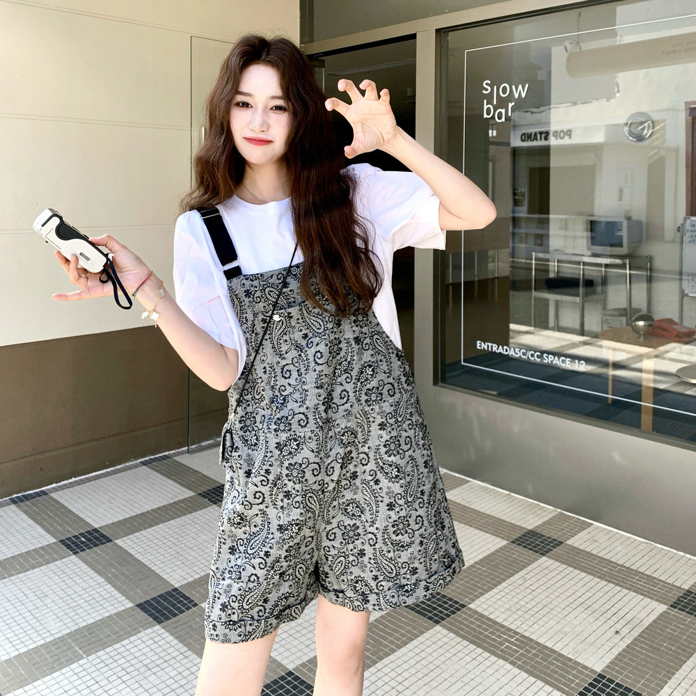 日系复古薄款腰果花背带裤女夏2025新款小个子设计感休闲连体短裤,女装套装/套裙,艾艾淮淮