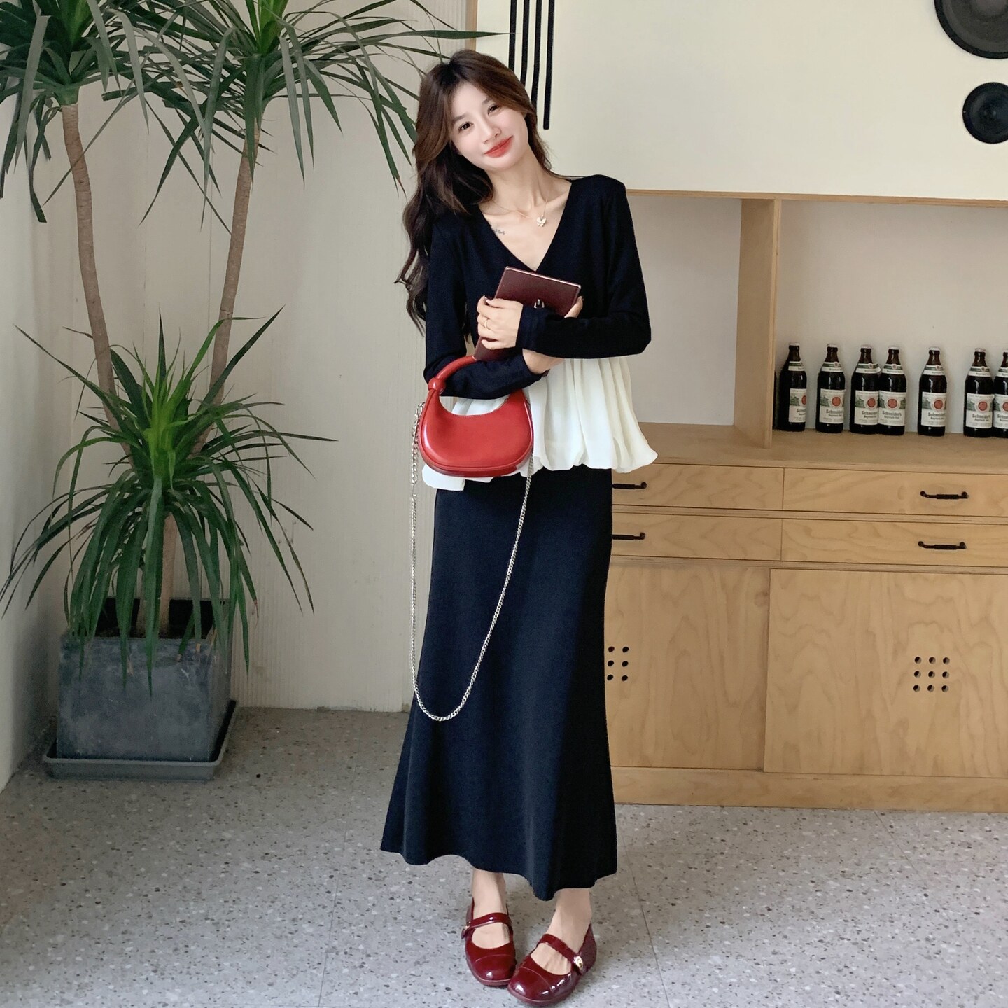 现货优雅撞色花苞V领+半身裙套装297-1687-P155-K218,商品下架区,艾艾淮淮