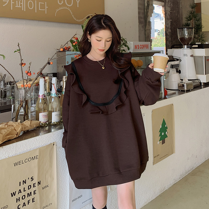 韩版甜美减龄木耳边圆领卫衣女2025春秋季新款宽松显瘦学院风上衣,女装连衣裙,艾艾淮淮