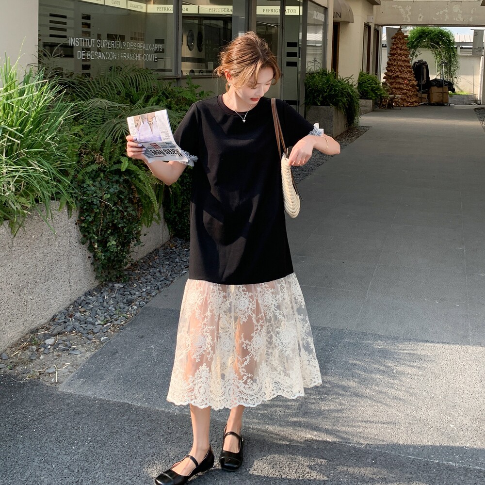 黑色拼接T恤连衣裙女夏新款小个子设计感韩版宽松休闲显瘦鱼尾裙,女装连衣裙,艾艾淮淮
