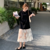 黑色拼接T恤连衣裙女夏新款小个子设计感韩版宽松休闲显瘦鱼尾裙，女装连衣裙，艾艾淮淮