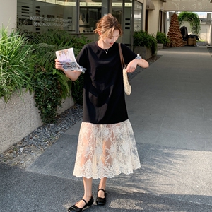 黑色拼接T恤连衣裙女夏新款小个子设计感韩版宽松休闲显瘦鱼尾裙图片