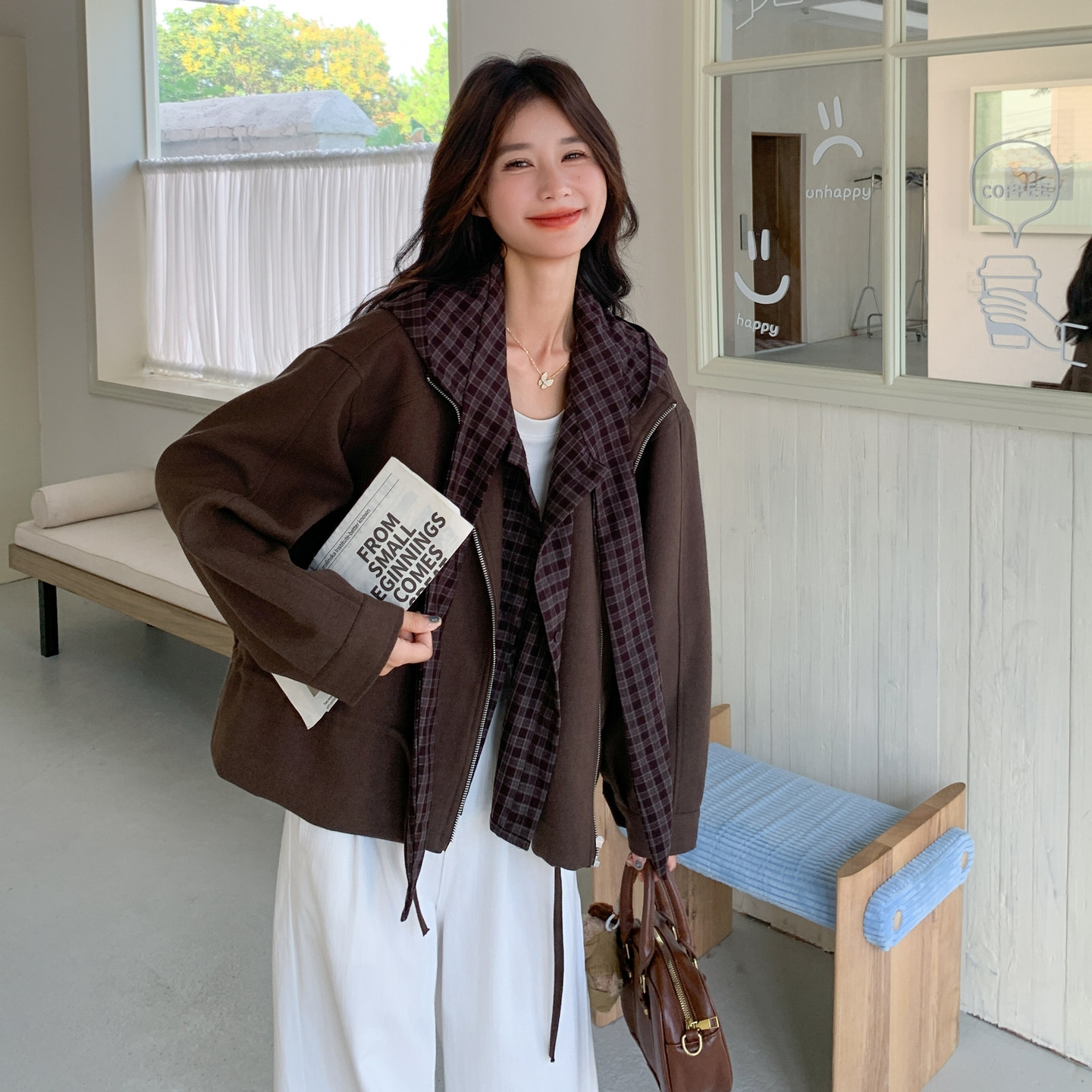 【新款】现货毛呢拼接格子外套297-1777-P165-K238,女装短外套,艾艾淮淮