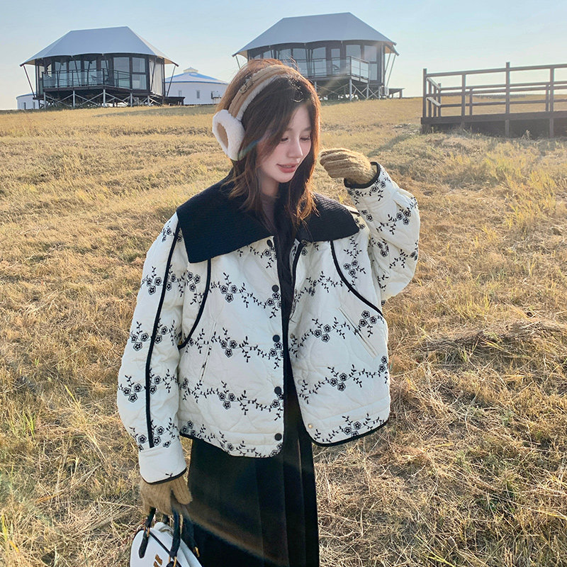 巨好看海军领刺绣碎花棉衣棉服女冬季独特漂亮看轻熟韩系加厚外套,女装短外套,艾艾淮淮
