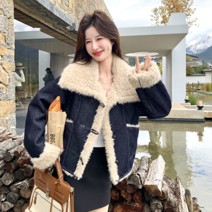 【新款】现货 大翻领 牛仔 拼毛外套297-1898-P205-K298，女装短外套，艾艾淮淮