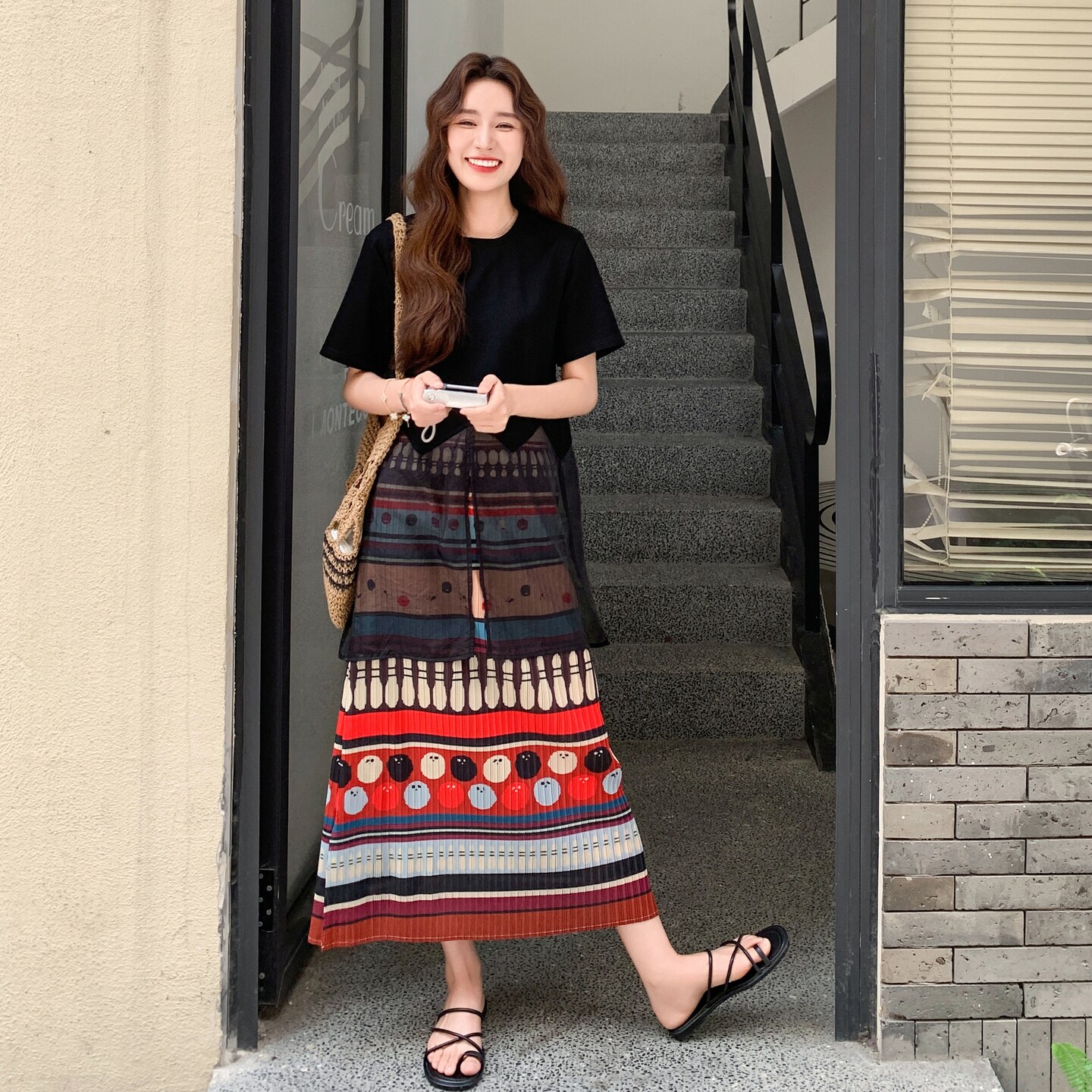 多巴胺彩色条纹印花半身裙女2025夏季黑色网纱拼接上衣,女装套装/套裙,艾艾淮淮